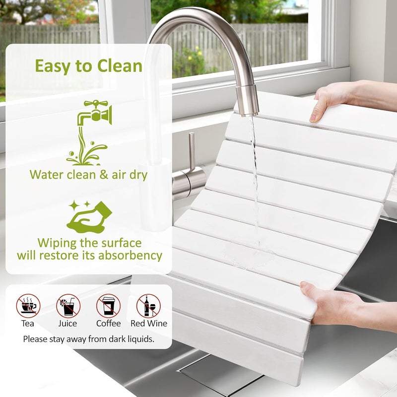 DK177 Large Stone Dish Drying Mat for Kitchen Counter, 24"(L)×16"(W), Collapsible Quick Dry Stone Dish Mats, Super Absorbent Diatomaceous Earth Drying Pad for Dishes Bottles Cups, Any Countertop (White) - Image 5